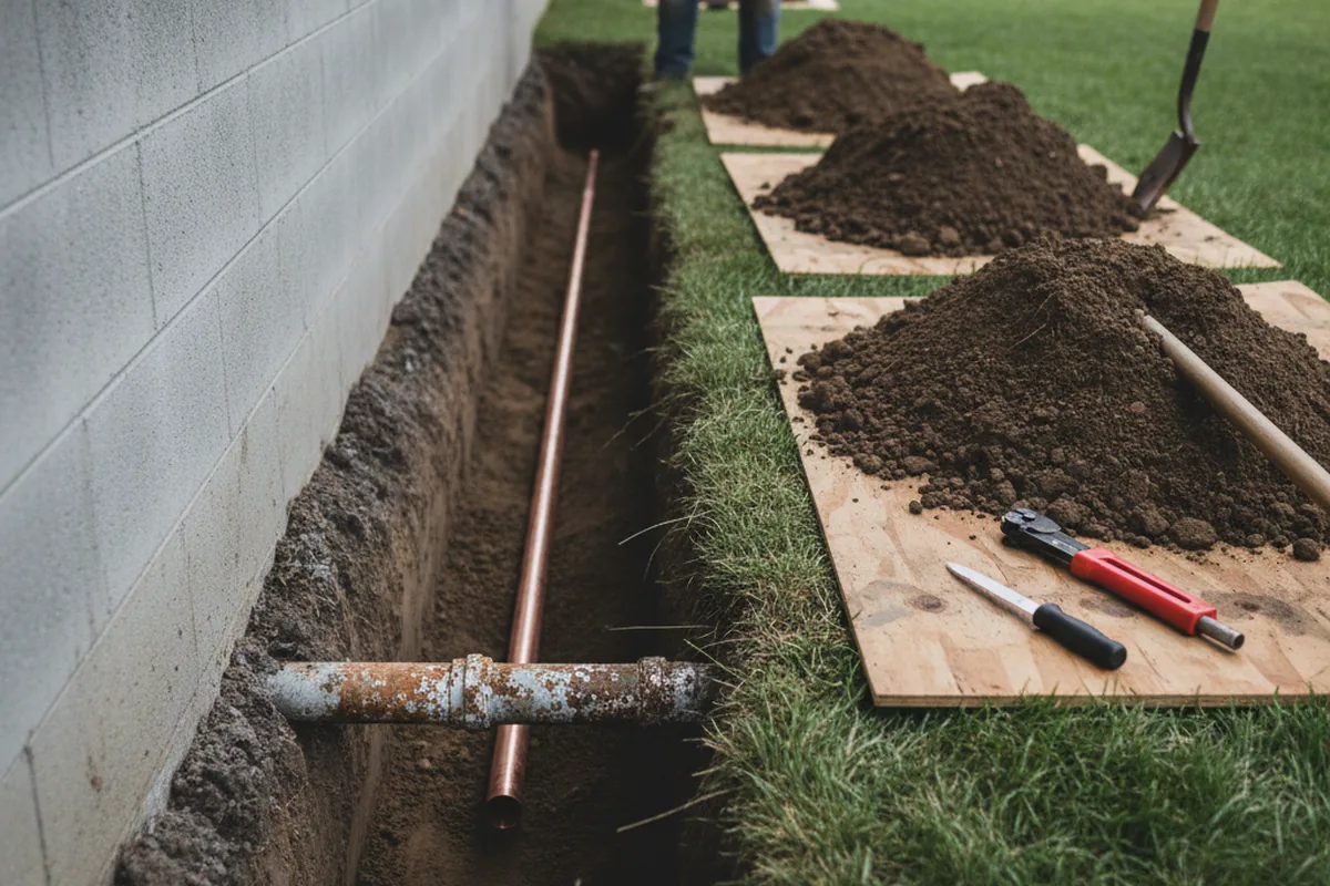 Excavated water line trench during Water Softener Installation in Rains